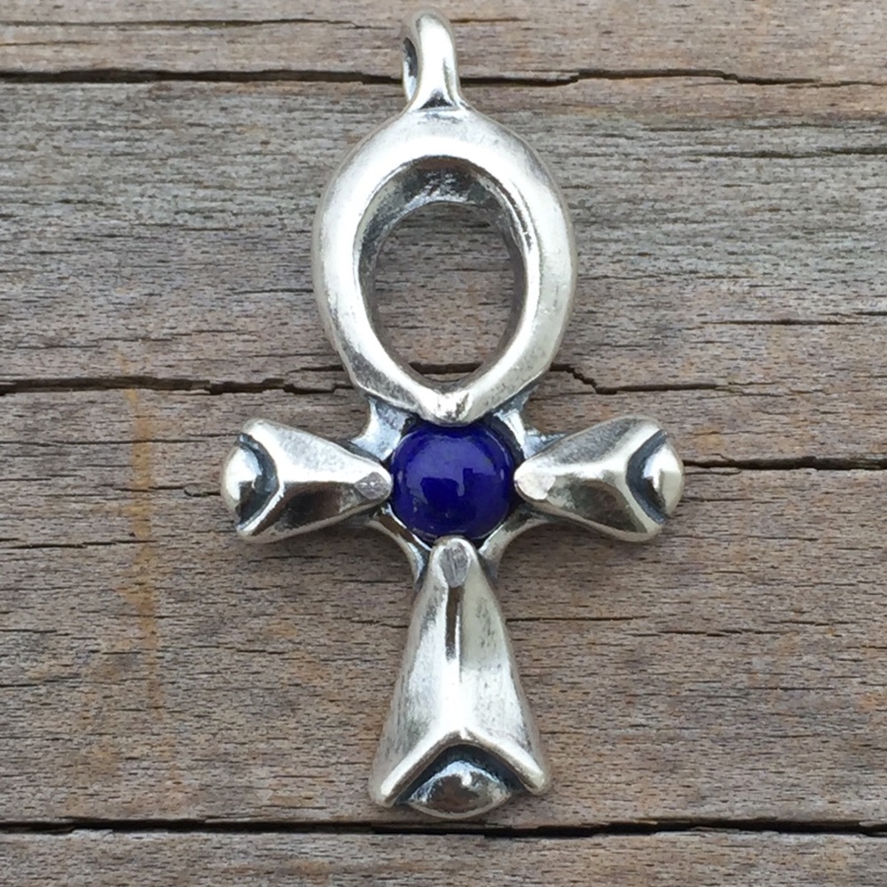 Egyptian Ankh pendant .925 Sterling Silver w/ genuine Lapis Lazuli made in USA